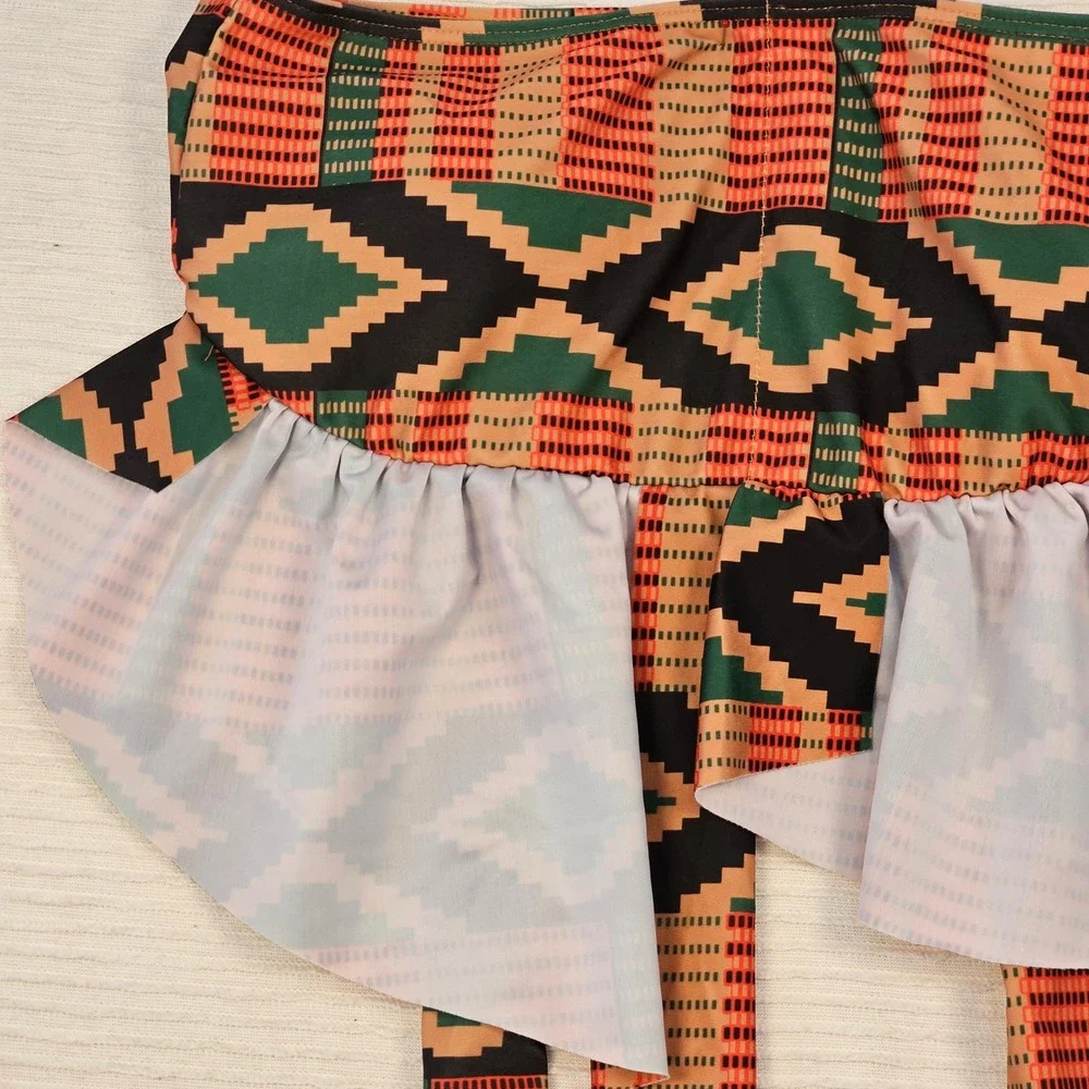 Zeronmeter Geometric‎ Tribal Print Ruffle Swim Skirt Cover Up Orange Green Small